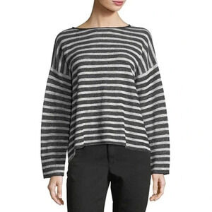 Eileen Fisher Terry Linen Blend Striped Button Back Oversized Pullover